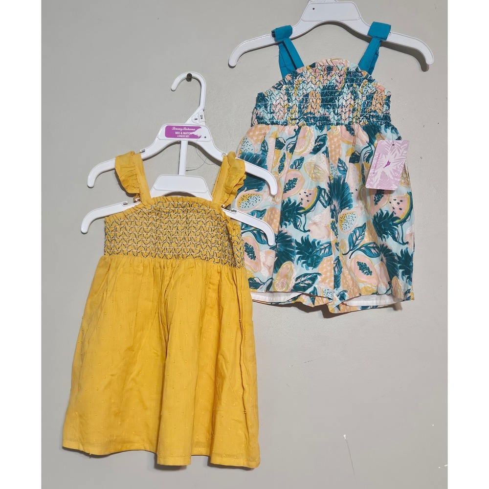 🦋Tommy Bahama Kids 12M Yellow Swiss Dot Dress & Tropical Fruit Romper‎ Set🩷🩵